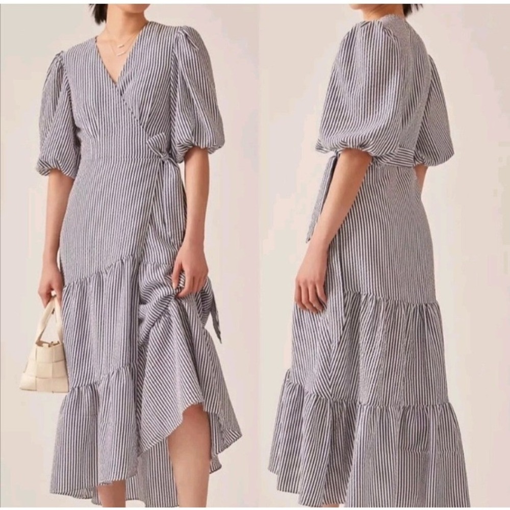 Hutch Navy and White Striped Midi Wrap Dress